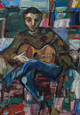 an oil painting of a man sitting in a chair with a guitar