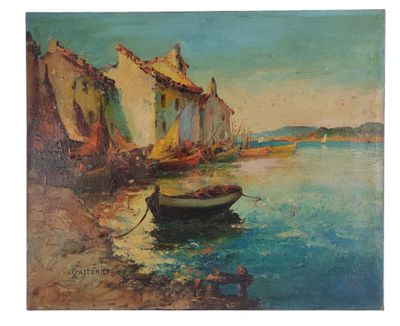 une peinture à l'huile représentant un bateau dans l'eau, à côté d'un bâtiment