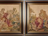 two framed paintings of a woman and a child in a garden