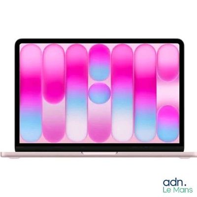 an apple macbook air is shown with a pink and blue background