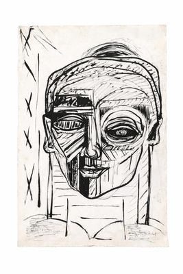 a black and white drawing of a man ' s face