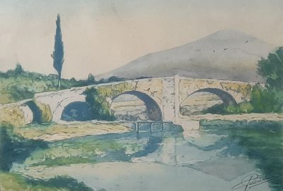 une aquarelle représentant un pont enjambant une rivière