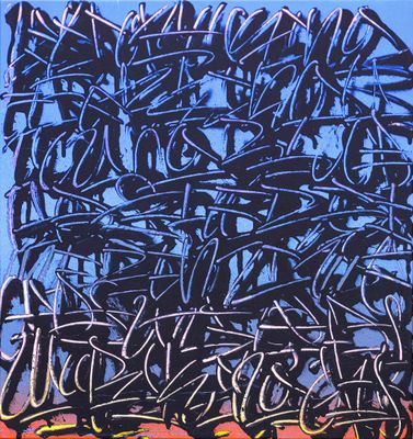 peinture représentant des graffitis sur un fond bleu, avec un ciel rouge en arrière-plan
