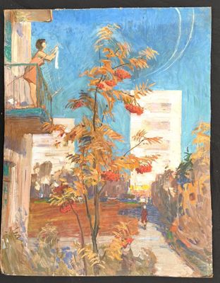 an oil painting of a woman standing on a balcony looking at the sky