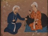 painting of a man and a woman sitting on the ground in front of a mountain