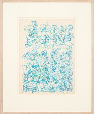 une image représentant un dessin bleu et blanc sur papier, dans un cadre en bois