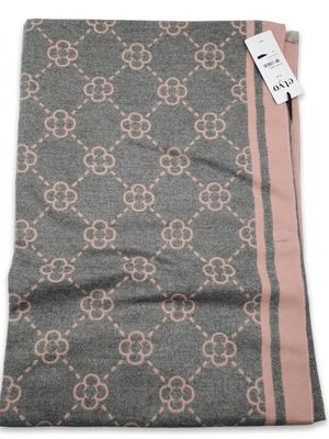 a grey and pink scarf with a pink stripe on it