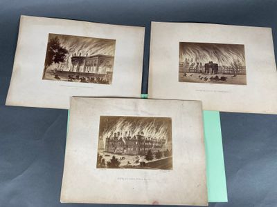 trois photographies anciennes représentant une scène d'incendie avec une maison en feu