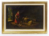 tableau représentant une femme s'occupant de ses moutons dans un décor boisé