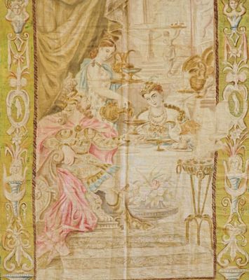 Importante toile peinte représentant une scène de banquet an…
