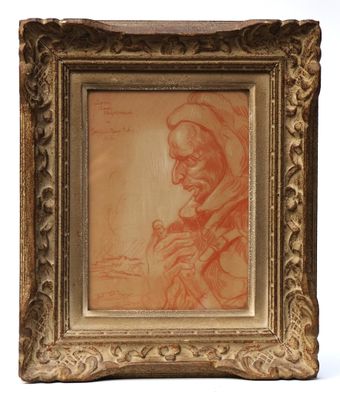 a drawing of a man in a hat and a red tie