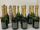 six bottles of champagne lined up on a table with a cat figurine in the background