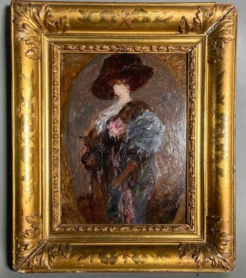 an oil painting of a woman in a large hat and blue dress