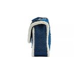 the back of a blue and white purse with a zipper on it