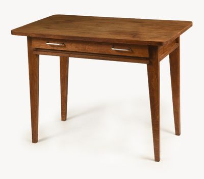 a small wooden table with a drawer on top of it