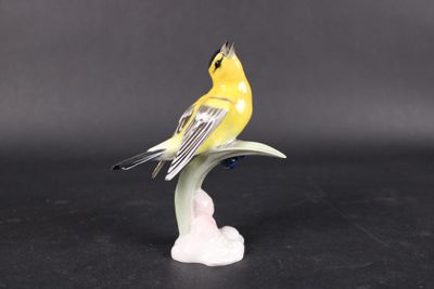 un oiseau jaune perché sur une fleur blanche posée sur une surface noire