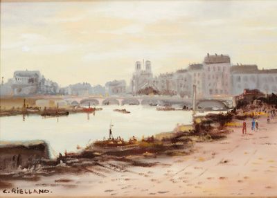 un tableau représentant des personnes marchant sur le trottoir au bord de l'eau
