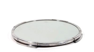 CENTRE DE TABLE rond en métal argenté enchassé d'un miroir, …