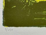 a picture of a painting of yellow flowers on a green background