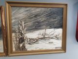 painting of a snowy landscape with a dead tree in the foreground