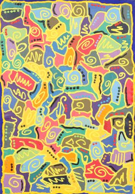 une peinture représentant une place colorée ornée de nombreux motifs variés