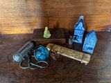 a wooden table with various items on top of it