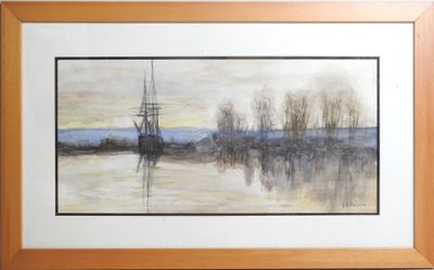 painting of a boat in a body of water with trees in the background