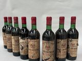six bottles of red wine lined up in a row