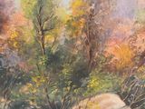 an oil painting of a river with trees and rocks in the foreground