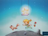 a cartoon picture of a little girl flying in the sky