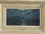 an image of a painting of a boat in the ocean under a cloudy sky