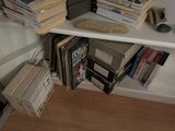 many books on the shelves in the corner of the room