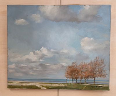 a painting of three trees on the beach by the water