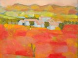 une peinture à l'huile représentant un champ avec des maisons au loin