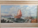 a picture of a painting of a sailboat in the ocean