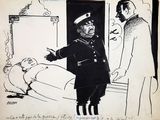 drawing of a man in uniform standing next to a man in a bed