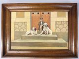 painting of a man sitting on a step with two dogs