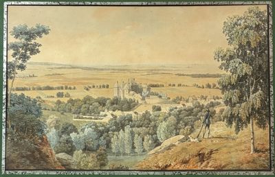 an image of a painting of a landscape with trees and a river