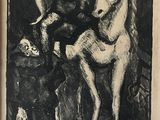 drawing of a man on a horse with a dog and a cat
