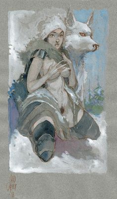 tableau représentant une femme assise par terre à côté d'un animal blanc