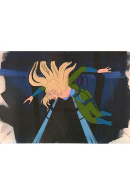 animation animation of a woman flying through the air in a green coat