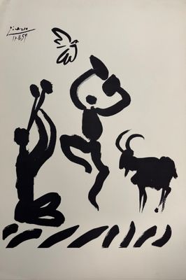 une image représentant un dessin en noir et blanc d'un homme et d'une chèvre