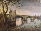 une peinture représentant un pont sur une rivière avec un château à l'arrière-plan