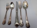 four forks and two spoons and a knife on a table