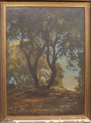 une peinture à l'huile représentant un arbre sur une colline, avec le ciel en arrière-plan