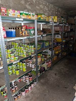 many cans of food on the shelves in the store