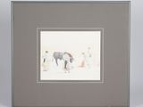 an image of a picture of a horse and people in the snow