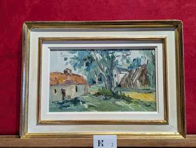tableau représentant une scène de vie à la ferme, dans un cadre doré, accroché à un mur rouge