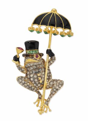 une image représentant une grenouille coiffée d'un haut-de-forme et tenant un parapluie