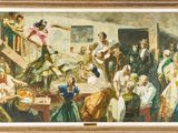 painting of a group of people gathered around a table in a room
